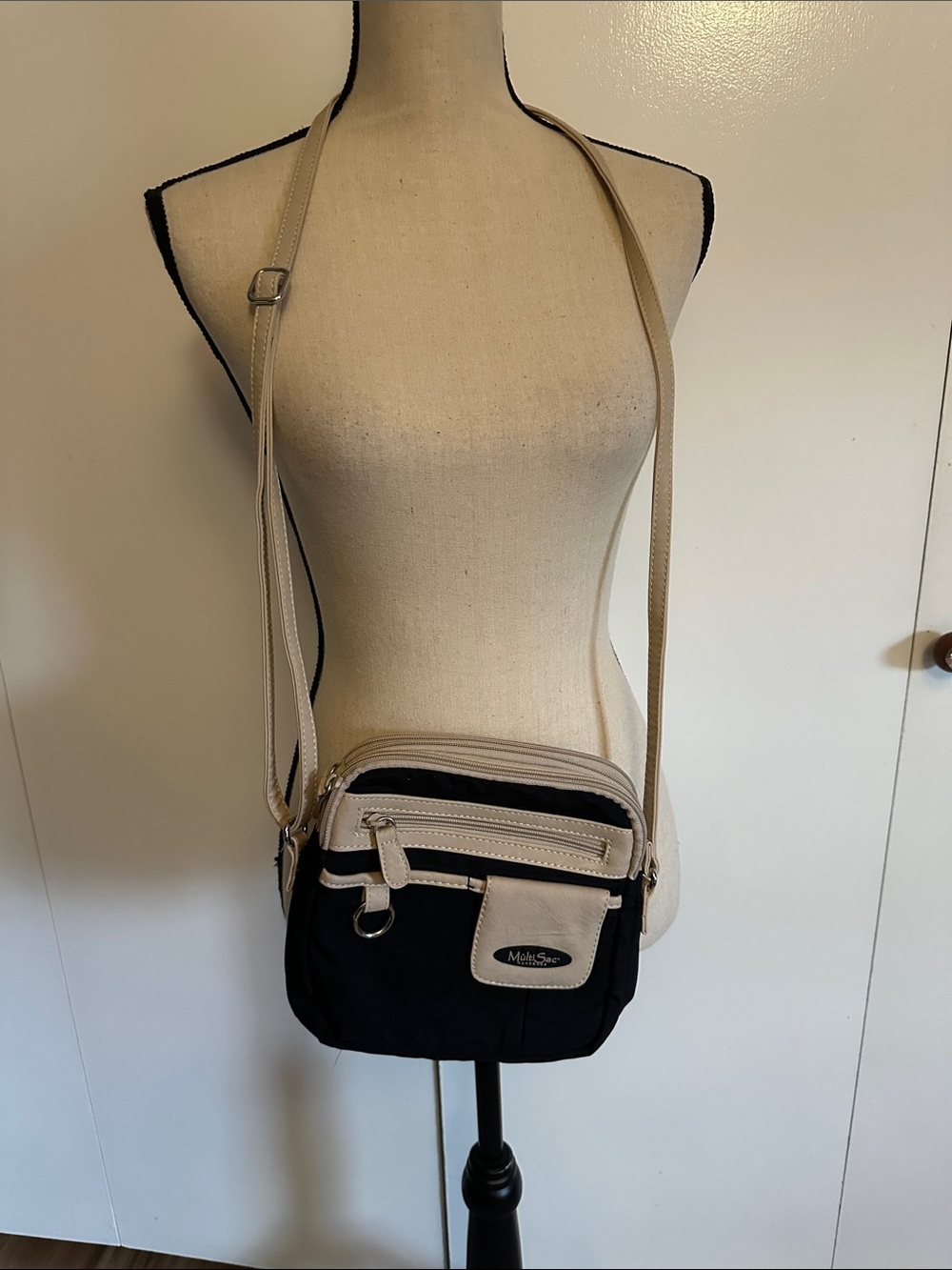 Black & Beige Messenger Crossbody with Front Zip Pocket